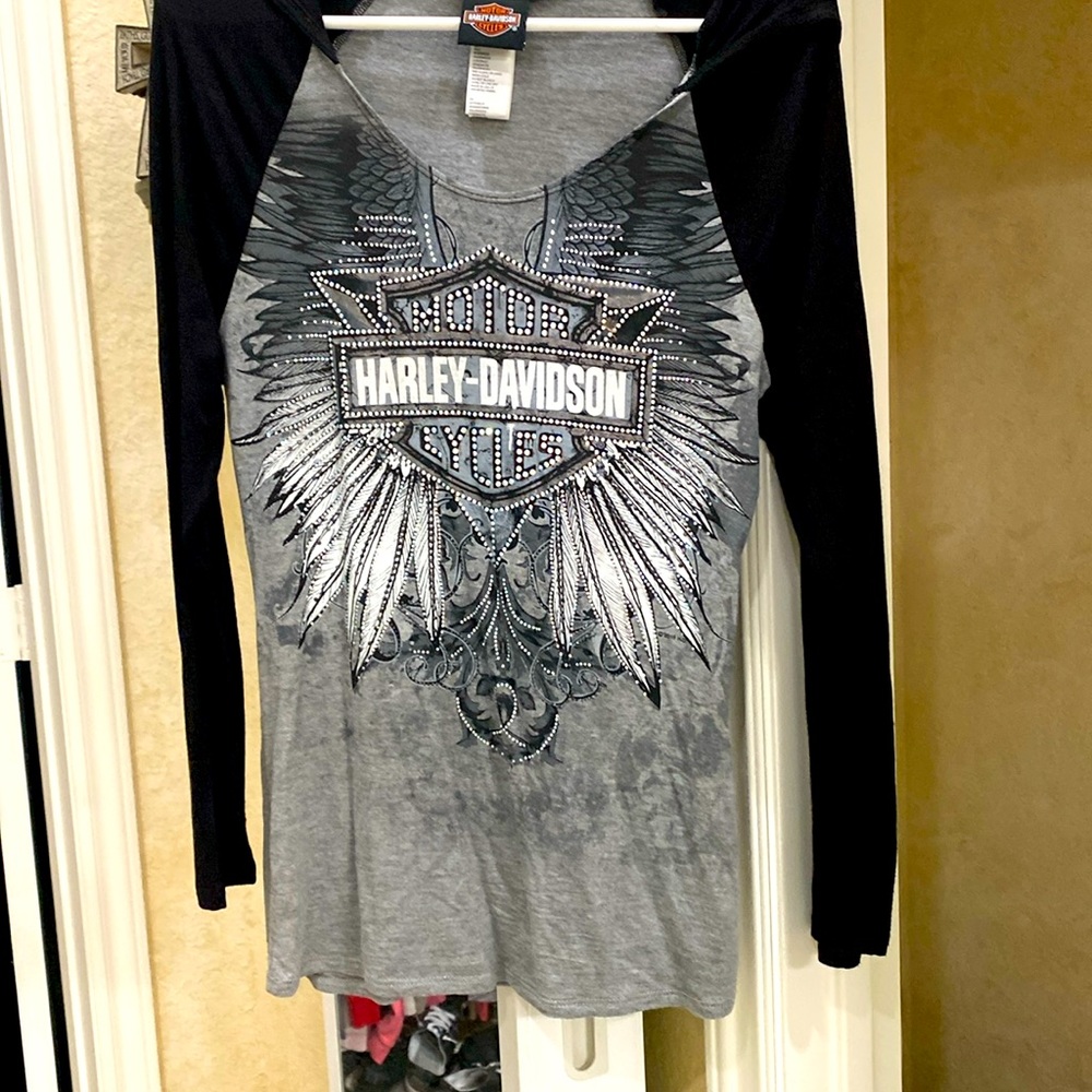 Harley Davidson Long Sleeve with Hood t-shirt with Rhinestones